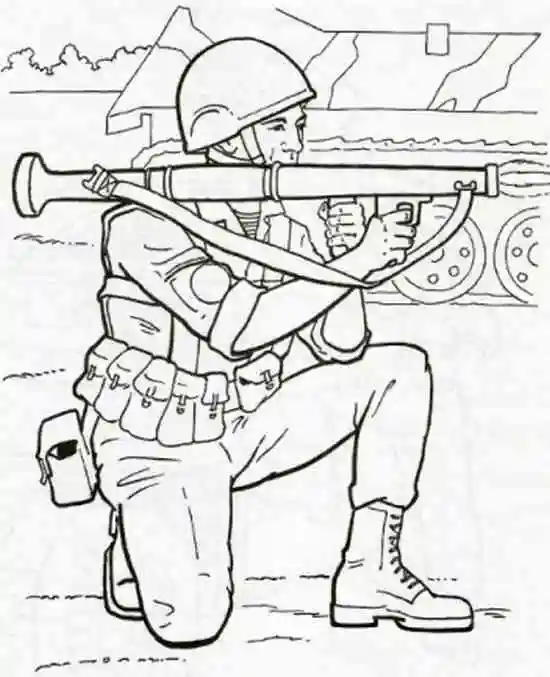 Раскраски солдатиков, солдат с ручным гранатометом