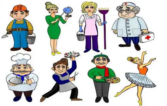 Люди разных профессий: строитель, учитель, уборщица, доктор, повар, парикмахер, художник, балерина