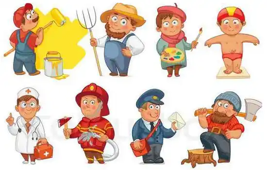 Профессии людей на картинке: маляр, фермер, художник, плавец, врач, пожарный, почтальон, лесоруб
