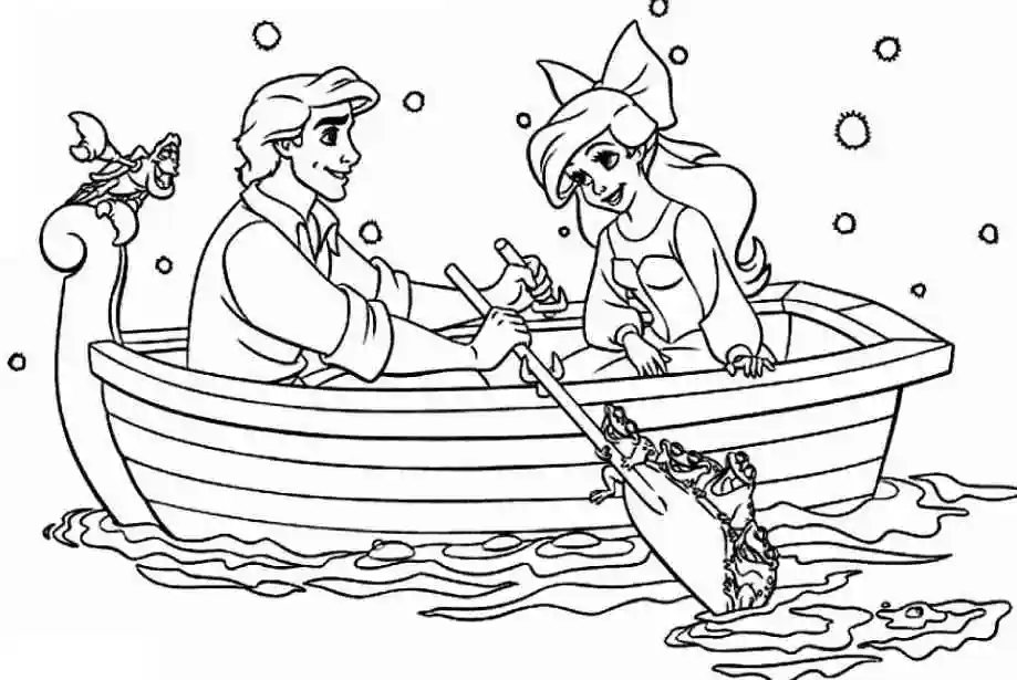 Раскраска Ариэль и принц в лодке