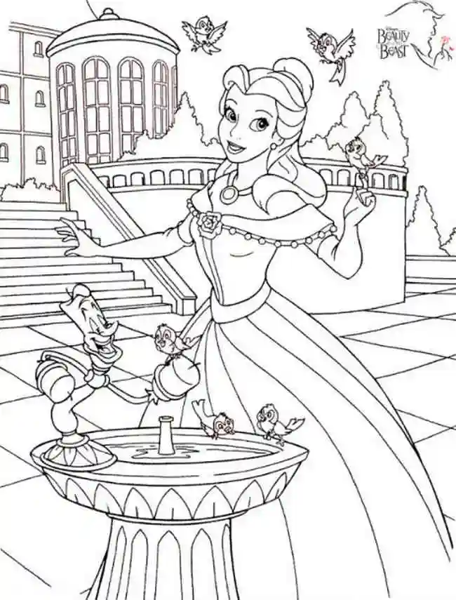 Раскраска Белль в замке из сказки "Красавица и чудовище"