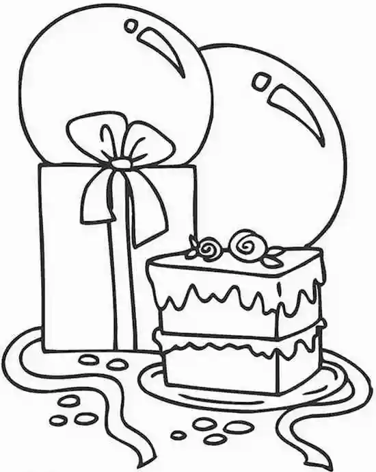 Раскраска Кусочек торта, подарок и шары