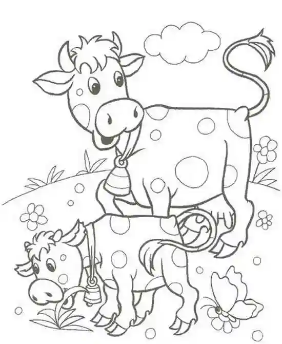 Раскраска корова и телёнок