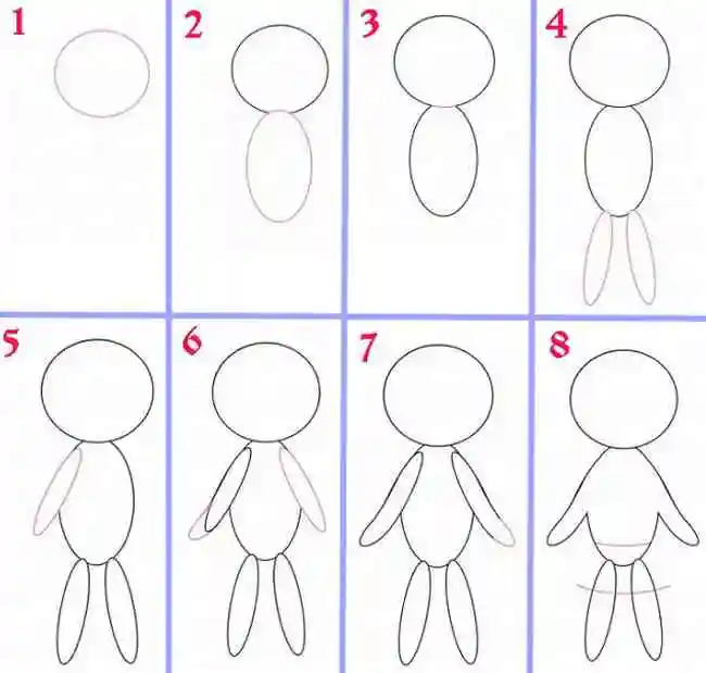 Как нарисовать простую куклу поэтапно, рисуем голову, туловище и конечности