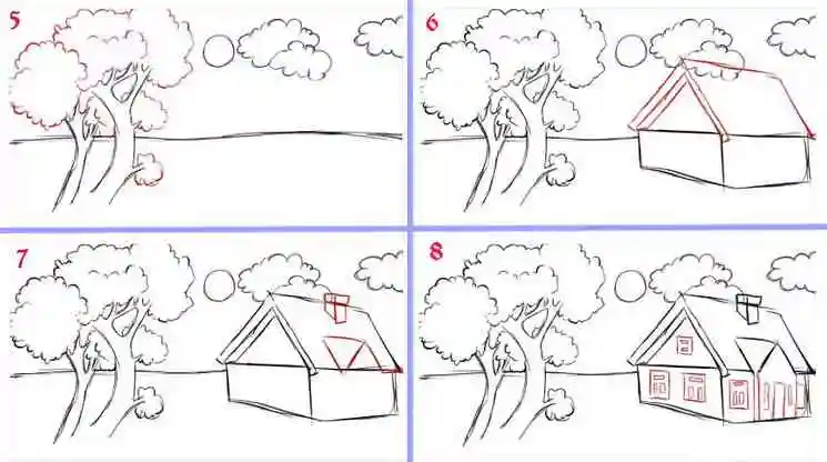 Летний пейзаж карандашом поэтапно, рисуем деревья и дом