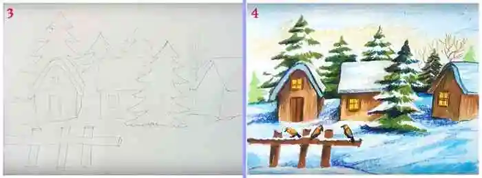Зимний пейзаж нарисованный карандашом и красками